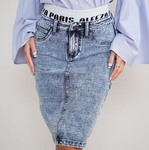 Aleeza Paris Denim Skirt Women's Large Blue Stretch Pencil Skirt Dazzle 4